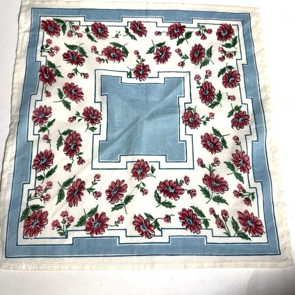 Cotton handkerchief hankie 13 in. by 12-1/4 in. White, Blue with Pink Flowers - Picture 8 of 9
